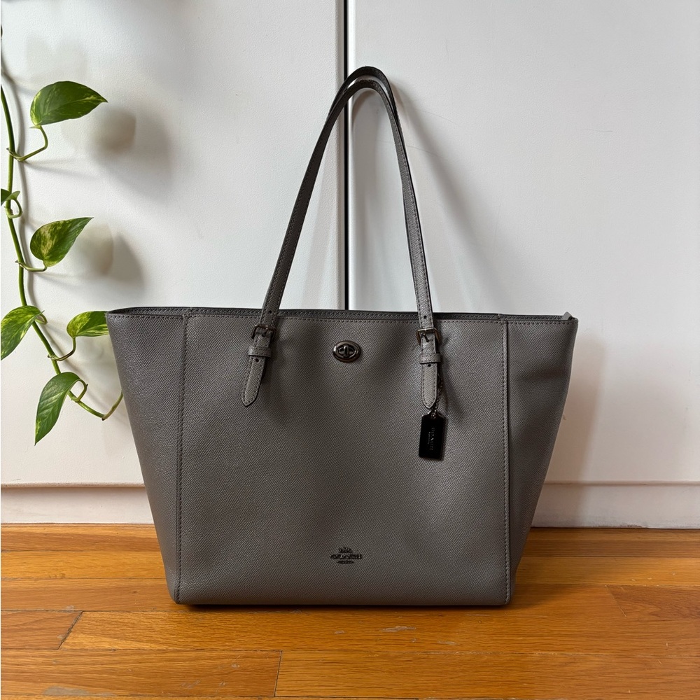 COACH Turnlock Tote Leather Bag, Gray